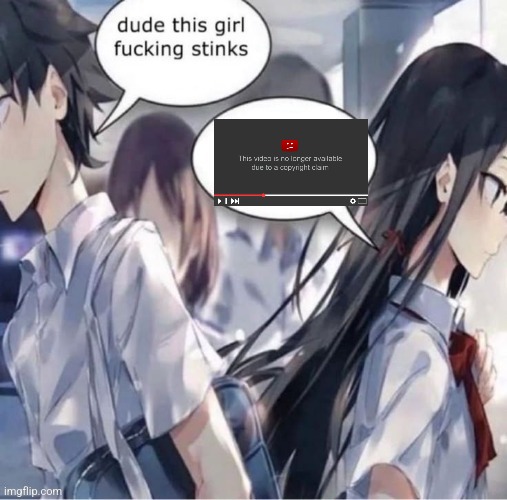 Copyright claim | image tagged in dude this girl fucking stinks | made w/ Imgflip meme maker