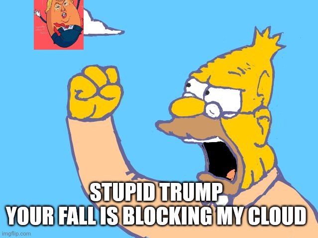 old man yells at cloud | STUPID TRUMP 
YOUR FALL IS BLOCKING MY CLOUD | image tagged in old man yells at cloud | made w/ Imgflip meme maker