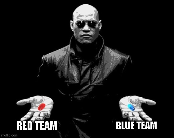 morpheus matrix blue pill red pill | RED TEAM; BLUE TEAM | image tagged in morpheus matrix blue pill red pill | made w/ Imgflip meme maker