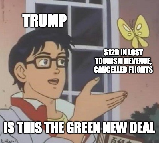 Is This A Pigeon Meme | TRUMP; $12B IN LOST TOURISM REVENUE, CANCELLED FLIGHTS; IS THIS THE GREEN NEW DEAL | image tagged in memes,is this a pigeon | made w/ Imgflip meme maker