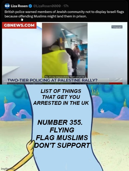 LIST OF THINGS THAT GET YOU ARRESTED IN THE UK; NUMBER 355.  
FLYING FLAG MUSLIMS DON'T SUPPORT | image tagged in spongebob's list of | made w/ Imgflip meme maker