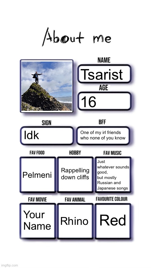About me | Tsarist; 16; Idk; One of my irl friends who none of you know; Just whatever sounds good, but mostly Russian and Japanese songs; Rappelling down cliffs; Pelmeni; Red; Your Name; Rhino | image tagged in about me | made w/ Imgflip meme maker