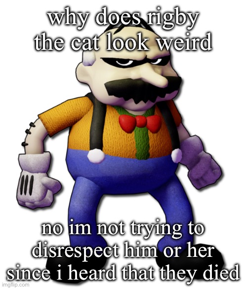 Homeowner (None Of Your Business) | why does rigby the cat look weird; no im not trying to disrespect him or her since i heard that they died | image tagged in homeowner none of your business | made w/ Imgflip meme maker
