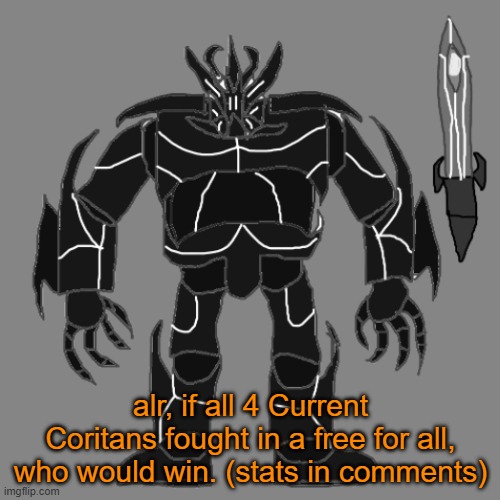 Current ones are Tronus, Thrull, Sala, and Valos | alr, if all 4 Current Coritans fought in a free for all, who would win. (stats in comments) | image tagged in tronus | made w/ Imgflip meme maker