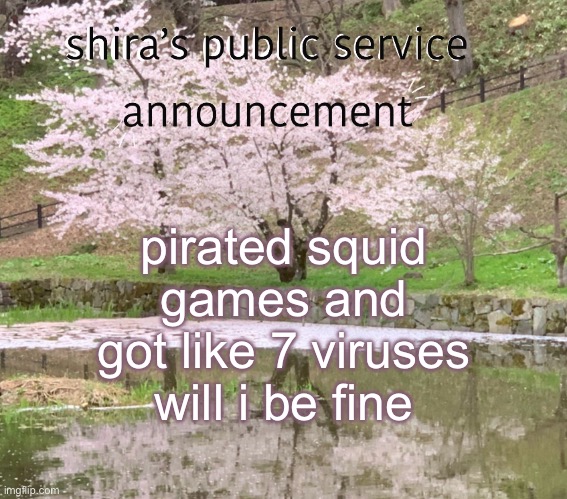 shira’s PSA | pirated squid games and got like 7 viruses will i be fine | image tagged in shira s psa | made w/ Imgflip meme maker