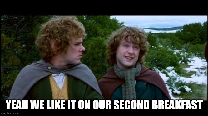 pippin second breakfast | YEAH WE LIKE IT ON OUR SECOND BREAKFAST | image tagged in pippin second breakfast | made w/ Imgflip meme maker