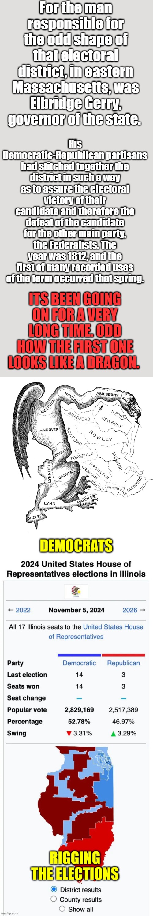 HENCE the name GERMANDER a dem policy | For the man responsible for the odd shape of that electoral district, in eastern Massachusetts, was Elbridge Gerry, governor of the state. His Democratic-Republican partisans had stitched together the district in such a way as to assure the electoral victory of their candidate and therefore the defeat of the candidate for the other main party, the Federalists. The year was 1812, and the first of many recorded uses of the term occurred that spring. ITS BEEN GOING ON FOR A VERY LONG TIME. ODD HOW THE FIRST ONE LOOKS LIKE A DRAGON. | made w/ Imgflip meme maker