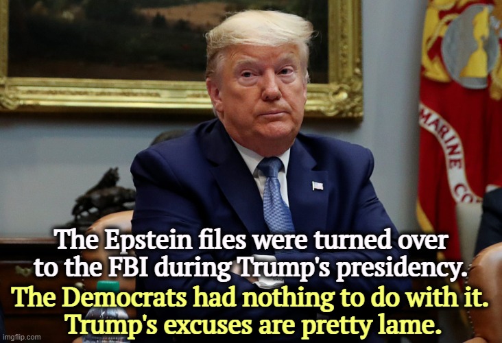 Hoax. Rigged. Democrats. Weak. Lame. Boring. | The Epstein files were turned over to the FBI during Trump's presidency. The Democrats had nothing to do with it. 
Trump's excuses are pretty lame. | image tagged in trump shrug arms folded eyes dilated,trump,excuses,hoax,rigged,democrats | made w/ Imgflip meme maker