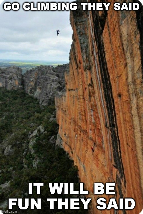 Go Climbing | GO CLIMBING THEY SAID; IT WILL BE FUN THEY SAID | image tagged in climbing,fail,meme,latticeclimbing,dark humor,free climbing | made w/ Imgflip meme maker