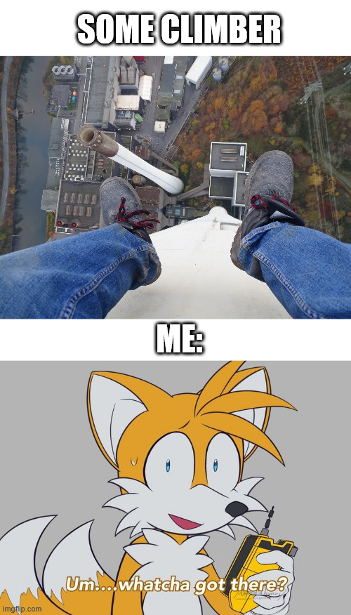 Tails is scared | SOME CLIMBER; ME: | image tagged in sonic the hedgehog,lattice climbing,tails,climbing,memes,urban climbing | made w/ Imgflip meme maker
