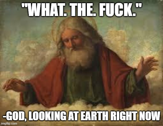self explanatory lol | "WHAT. THE. FUCK."; -GOD, LOOKING AT EARTH RIGHT NOW | image tagged in god | made w/ Imgflip meme maker