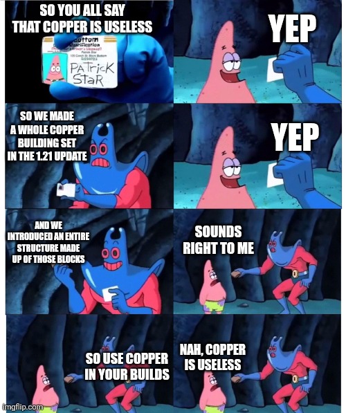 I'd better not hear anyone say this after 1.21.8 | YEP; SO YOU ALL SAY THAT COPPER IS USELESS; SO WE MADE A WHOLE COPPER BUILDING SET IN THE 1.21 UPDATE; YEP; AND WE INTRODUCED AN ENTIRE STRUCTURE MADE UP OF THOSE BLOCKS; SOUNDS RIGHT TO ME; SO USE COPPER IN YOUR BUILDS; NAH, COPPER IS USELESS | image tagged in patrick not my wallet,copper | made w/ Imgflip meme maker