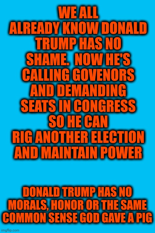 Trump's Shitehole Administration Is Full Of White Supremacists That Can't Win An Election Without CHEATING And They KNOW IT! | WE ALL ALREADY KNOW DONALD TRUMP HAS NO SHAME.  NOW HE'S CALLING GOVENORS AND DEMANDING SEATS IN CONGRESS SO HE CAN RIG ANOTHER ELECTION AND MAINTAIN POWER; DONALD TRUMP HAS NO MORALS, HONOR OR THE SAME COMMON SENSE GOD GAVE A PIG | image tagged in memes,maga,nazis,rigged elections,trump rigs elections,lock him up | made w/ Imgflip meme maker