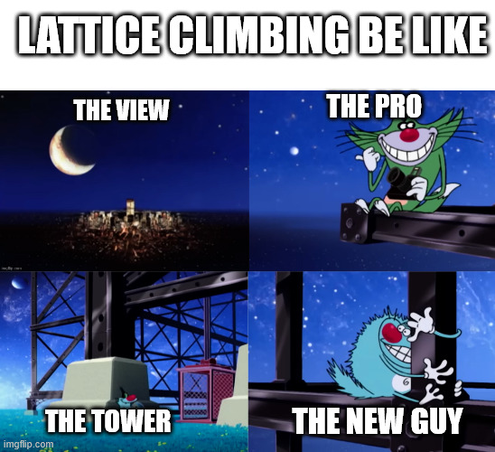 Free Climbing in a Nutshell | LATTICE CLIMBING BE LIKE; THE PRO; THE VIEW; THE NEW GUY; THE TOWER | image tagged in lattice climbing,freeclimbing,meme,oggy and the cockroaches,europe,dark humor | made w/ Imgflip meme maker