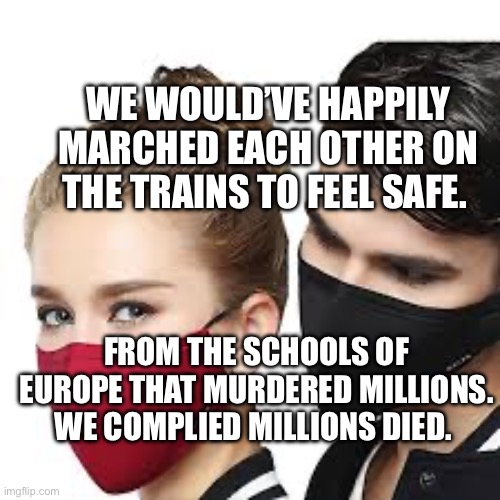 Mask Couple | WE WOULD’VE HAPPILY MARCHED EACH OTHER ON THE TRAINS TO FEEL SAFE. FROM THE SCHOOLS OF EUROPE THAT MURDERED MILLIONS. WE COMPLIED MILLIONS DIED. | image tagged in mask couple | made w/ Imgflip meme maker