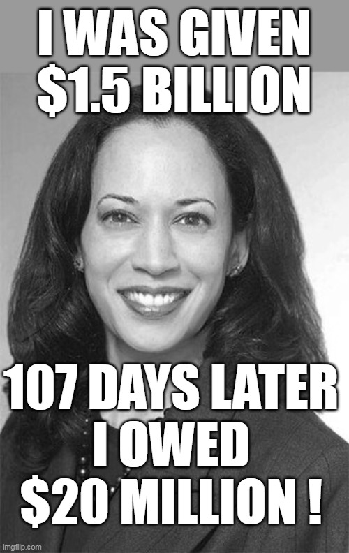 Just think SHE could be in charge of the economy | I WAS GIVEN $1.5 BILLION; 107 DAYS LATER
I OWED $20 MILLION ! | image tagged in kamala lost billions meme | made w/ Imgflip meme maker