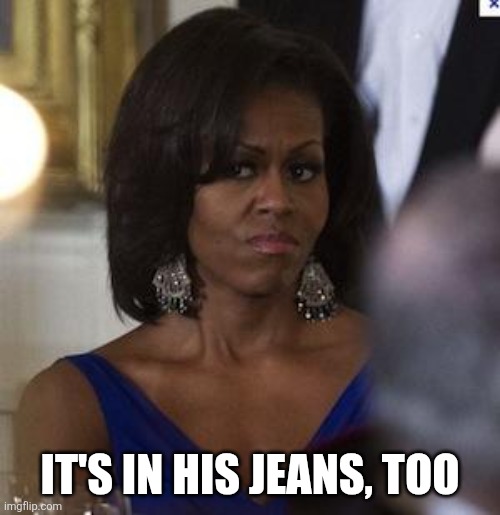 Michelle Obama side eye | IT'S IN HIS JEANS, TOO | image tagged in michelle obama side eye | made w/ Imgflip meme maker