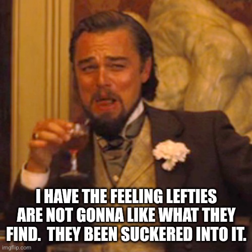 Laughing Leo Meme | I HAVE THE FEELING LEFTIES ARE NOT GONNA LIKE WHAT THEY FIND.  THEY BEEN SUCKERED INTO IT. | image tagged in memes,laughing leo | made w/ Imgflip meme maker