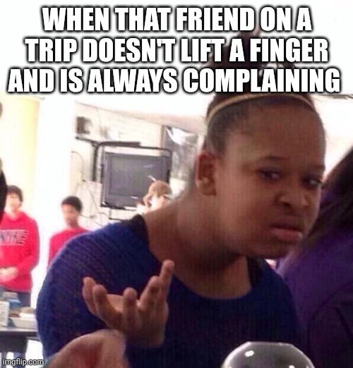 There's always that friend | WHEN THAT FRIEND ON A TRIP DOESN'T LIFT A FINGER AND IS ALWAYS COMPLAINING | image tagged in wtf | made w/ Imgflip meme maker