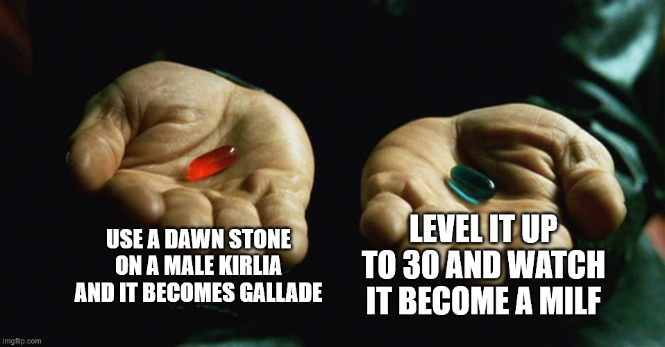 tricky decision man | USE A DAWN STONE ON A MALE KIRLIA AND IT BECOMES GALLADE; LEVEL IT UP TO 30 AND WATCH IT BECOME A MILF | image tagged in red pill blue pill,gallade,pokemon memes,gardevoir,memes,funny | made w/ Imgflip meme maker
