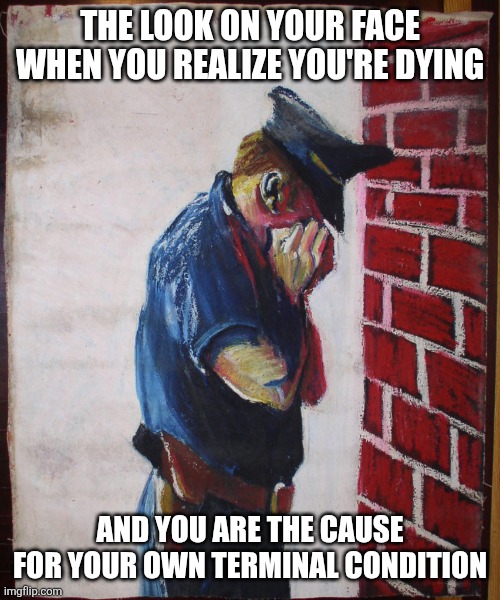 THE LOOK ON YOUR FACE
WHEN YOU REALIZE YOU'RE DYING; AND YOU ARE THE CAUSE FOR YOUR OWN TERMINAL CONDITION | image tagged in acab | made w/ Imgflip meme maker