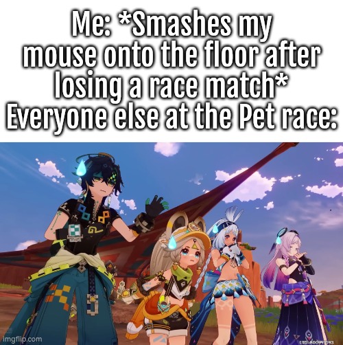 WHAT!? I'm just angery for losing the match! | Me: *Smashes my mouse onto the floor after losing a race match*
Everyone else at the Pet race: | image tagged in me everyone else,mouse | made w/ Imgflip meme maker
