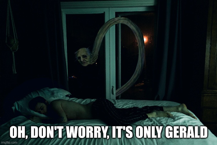 POV: you go to your friends house for a sleepover | OH, DON'T WORRY, IT'S ONLY GERALD | image tagged in long neck,creepy,sleepover,cursed scary images,gerald,cursed | made w/ Imgflip meme maker