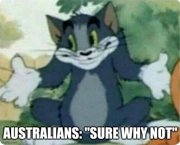 Tom Shrugging | AUSTRALIANS: "SURE WHY NOT" | image tagged in tom shrugging | made w/ Imgflip meme maker