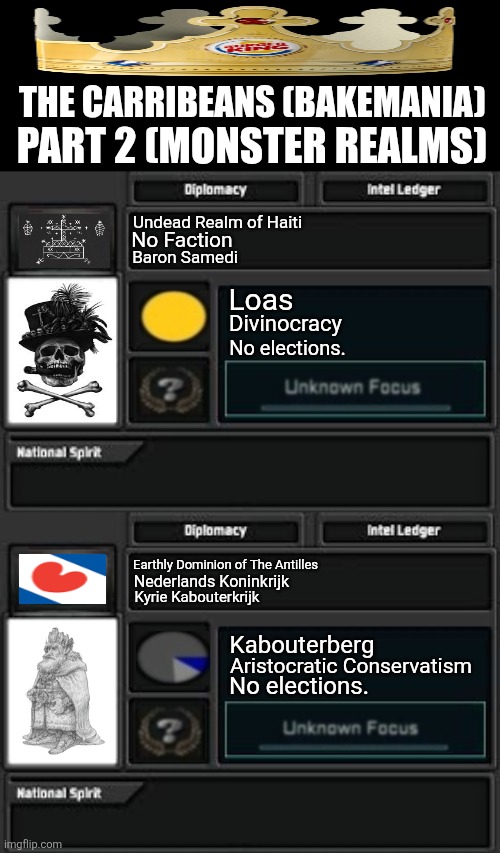 THE CARRIBEANS (BAKEMANIA); PART 2 (MONSTER REALMS); Undead Realm of Haiti; No Faction; Baron Samedi; Loas; Divinocracy; No elections. Earthly Dominion of The Antilles; Nederlands Koninkrijk; Kyrie Kabouterkrijk; Kabouterberg; Aristocratic Conservatism; No elections. | image tagged in memes,funky,demons | made w/ Imgflip meme maker