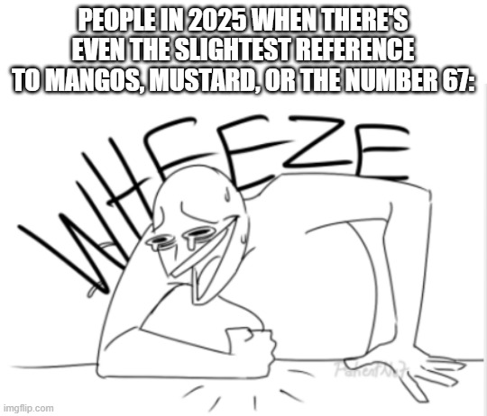 remember when memes were funny? | PEOPLE IN 2025 WHEN THERE'S EVEN THE SLIGHTEST REFERENCE TO MANGOS, MUSTARD, OR THE NUMBER 67: | image tagged in wheeze,mango,mustard,numbers,brainrot,unfunny | made w/ Imgflip meme maker