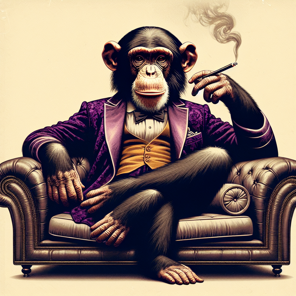 Chimpanzee reclining on a sofa wearing a purple velvet smoking j Blank Meme Template