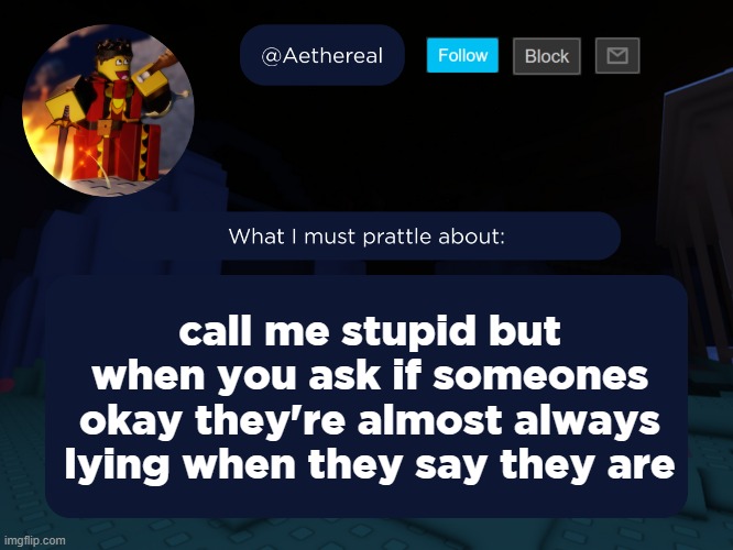aethereal's forsaken template | call me stupid but when you ask if someones okay they're almost always lying when they say they are | image tagged in aethereal's forsaken template | made w/ Imgflip meme maker