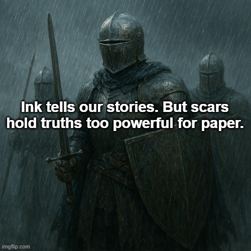 knightposting fr | Ink tells our stories. But scars hold truths too powerful for paper. | made w/ Imgflip meme maker