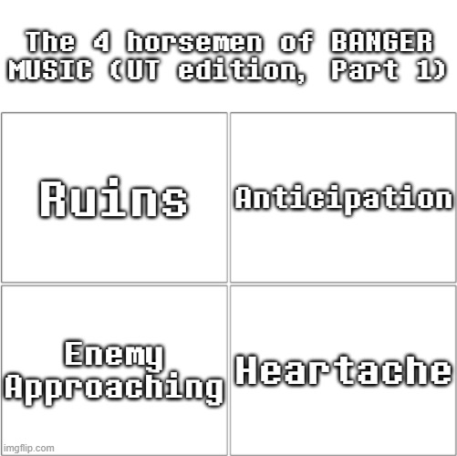 Undertale BANGERS (Part 1) | The 4 horsemen of BANGER MUSIC (UT edition, Part 1); Ruins; Anticipation; Enemy Approaching; Heartache | image tagged in the 4 horsemen of ___,undertale,music | made w/ Imgflip meme maker