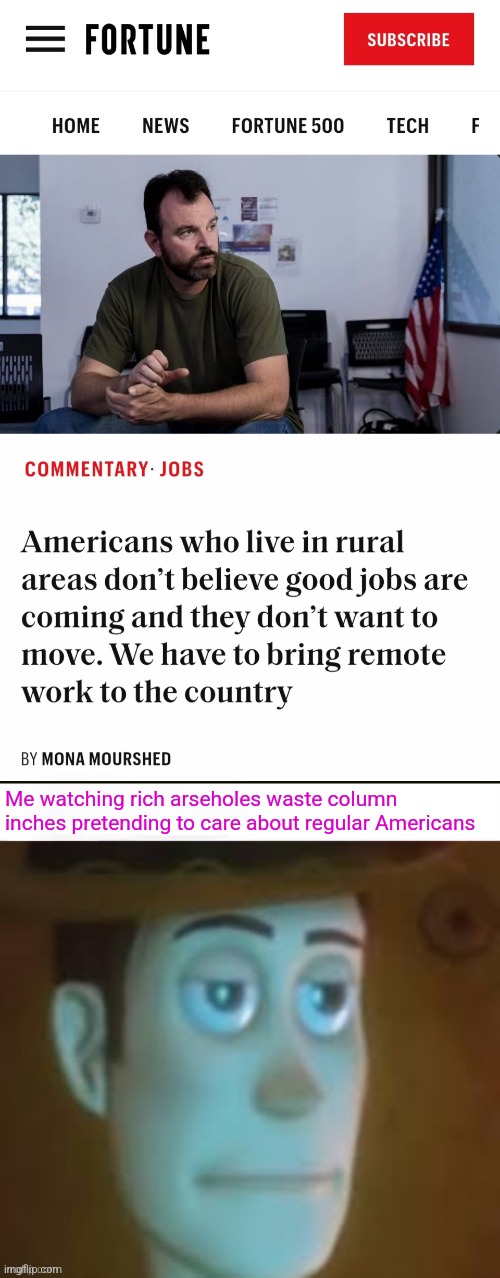 Fortune 500 takes after somebody we know | Me watching rich arseholes waste column inches pretending to care about regular Americans | image tagged in news,disappointed woody | made w/ Imgflip meme maker