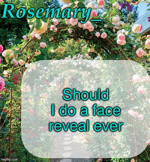 Realistically I probably won’t but I wanted to see if people actually gave a shit if I did or not | Should I do a face reveal ever | image tagged in rosemary_ template | made w/ Imgflip meme maker