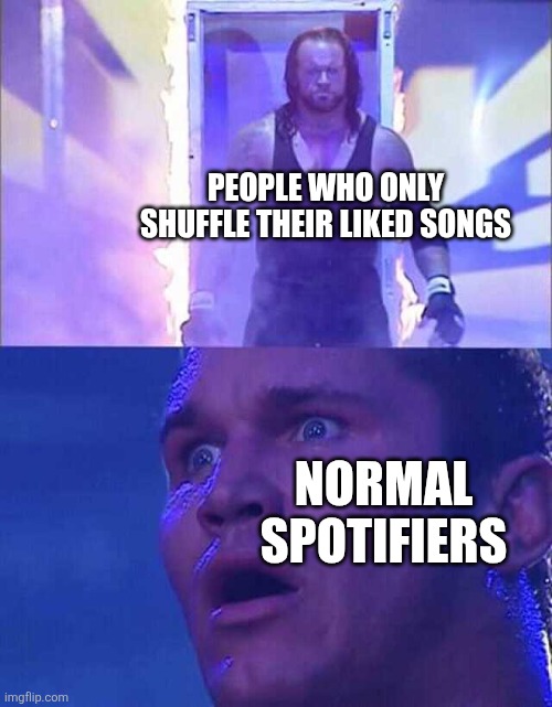 Oh shi- | PEOPLE WHO ONLY SHUFFLE THEIR LIKED SONGS; NORMAL SPOTIFIERS | image tagged in randy orton undertaker,spotify,wanna break from the ads,undertaker,lol so funny | made w/ Imgflip meme maker