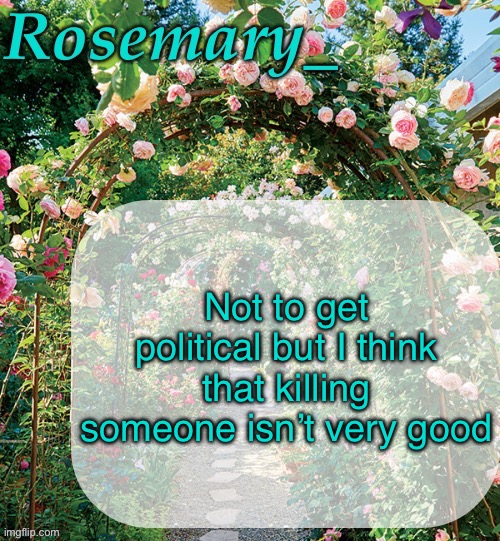 Rosemary_ template | Not to get political but I think that killing someone isn’t very good | image tagged in rosemary_ template | made w/ Imgflip meme maker