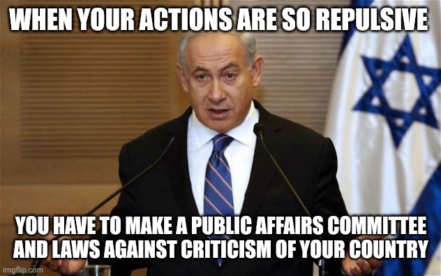 6 million reasons to hate this man | WHEN YOUR ACTIONS ARE SO REPULSIVE; YOU HAVE TO MAKE A PUBLIC AFFAIRS COMMITTEE AND LAWS AGAINST CRITICISM OF YOUR COUNTRY | image tagged in benjamin netanyahu | made w/ Imgflip meme maker