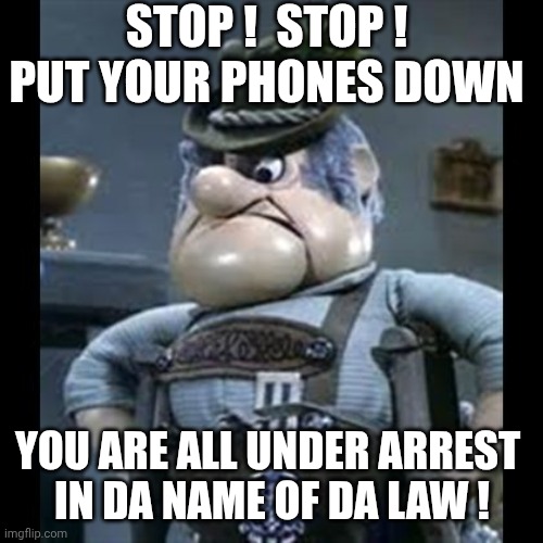 Burgermeister | STOP !  STOP !
PUT YOUR PHONES DOWN YOU ARE ALL UNDER ARREST 
IN DA NAME OF DA LAW ! | image tagged in burgermeister | made w/ Imgflip meme maker