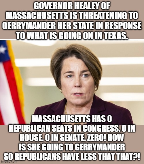 Typical hypocrisy. Typical Dem dumb A$$. | GOVERNOR HEALEY OF MASSACHUSETTS IS THREATENING TO GERRYMANDER HER STATE IN RESPONSE TO WHAT IS GOING ON IN TEXAS. MASSACHUSETTS HAS 0 REPUBLICAN SEATS IN CONGRESS. 0 IN HOUSE. 0 IN SENATE. ZERO! HOW IS SHE GOING TO GERRYMANDER SO REPUBLICANS HAVE LESS THAT THAT?! | image tagged in dumbass,libtard,demoncrat,demonrat,memes,masshole | made w/ Imgflip meme maker