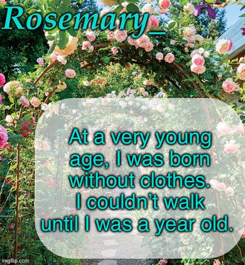Rosemary_ template | At a very young age, I was born without clothes. I couldn’t walk until I was a year old. | image tagged in rosemary_ template | made w/ Imgflip meme maker