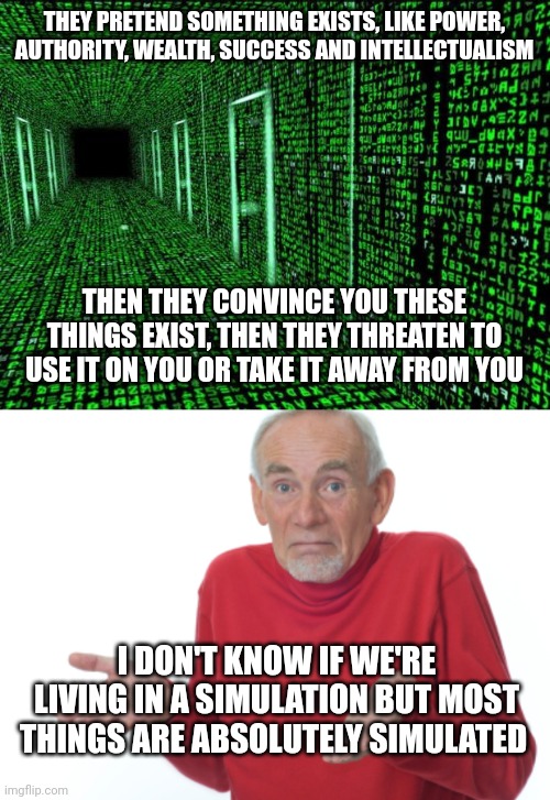 How much power do you have if everyone ignores you?... | THEY PRETEND SOMETHING EXISTS, LIKE POWER, AUTHORITY, WEALTH, SUCCESS AND INTELLECTUALISM; THEN THEY CONVINCE YOU THESE THINGS EXIST, THEN THEY THREATEN TO USE IT ON YOU OR TAKE IT AWAY FROM YOU; I DON'T KNOW IF WE'RE LIVING IN A SIMULATION BUT MOST THINGS ARE ABSOLUTELY SIMULATED | image tagged in matrix hallway code,old man shrugging | made w/ Imgflip meme maker