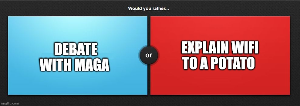 Post your answer in the comments | DEBATE WITH MAGA; EXPLAIN WIFI TO A POTATO | image tagged in would you rather | made w/ Imgflip meme maker