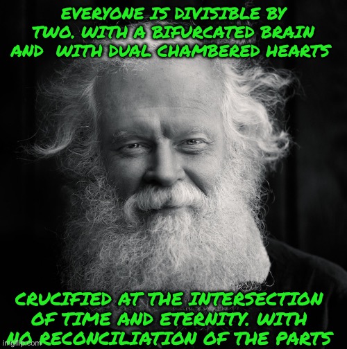 Homeless | EVERYONE IS DIVISIBLE BY TWO. WITH A BIFURCATED BRAIN AND  WITH DUAL CHAMBERED HEARTS; CRUCIFIED AT THE INTERSECTION OF TIME AND ETERNITY. WITH NO RECONCILIATION OF THE PARTS | image tagged in homeless | made w/ Imgflip meme maker