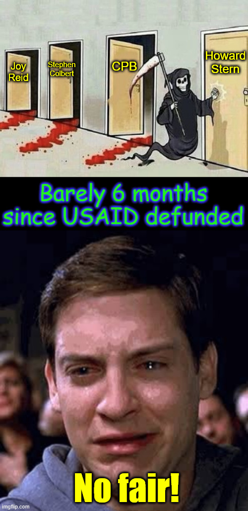 Funny how that worked out | Howard Stern; CPB; Stephen Colbert; Joy Reid; Barely 6 months since USAID defunded; No fair! | image tagged in grim reaper 4 doors,too bad so sad,funny how that worked out | made w/ Imgflip meme maker