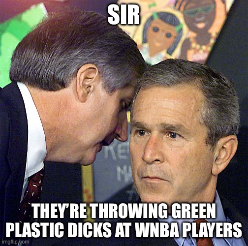 Bush Learning About 9/11 | SIR; THEY’RE THROWING GREEN PLASTIC DICKS AT WNBA PLAYERS | image tagged in bush learning about 9/11,nba,women,basketball,sports | made w/ Imgflip meme maker