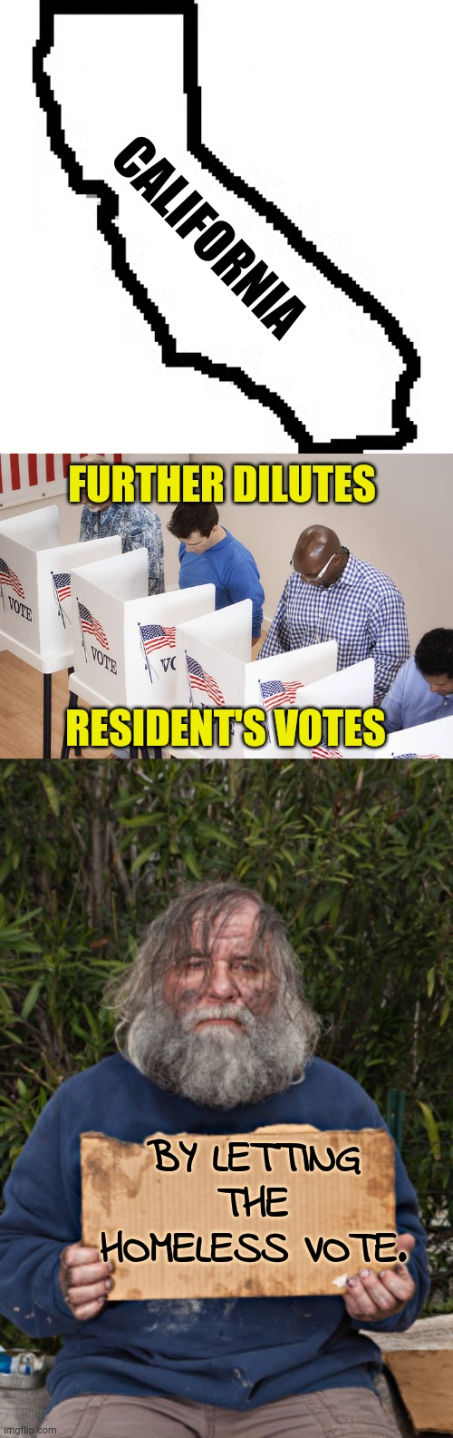 What Do You Know... | CALIFORNIA; FURTHER DILUTES; RESIDENT'S VOTES; BY LETTING THE HOMELESS VOTE. | image tagged in california,voters,homeless,vote,politics,memes | made w/ Imgflip meme maker