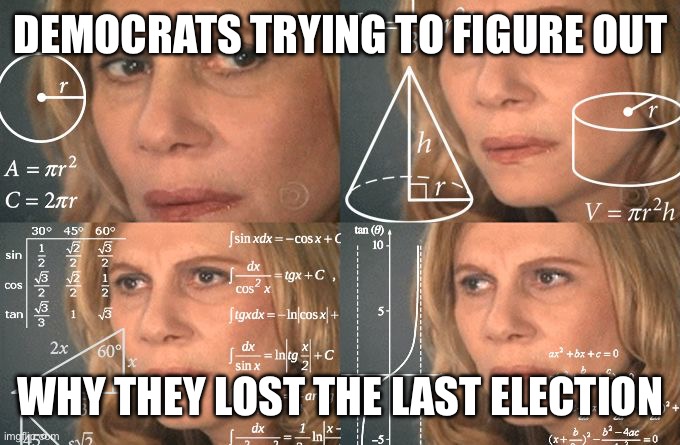 They embraced the fringe. | DEMOCRATS TRYING TO FIGURE OUT; WHY THEY LOST THE LAST ELECTION | image tagged in calculating meme | made w/ Imgflip meme maker