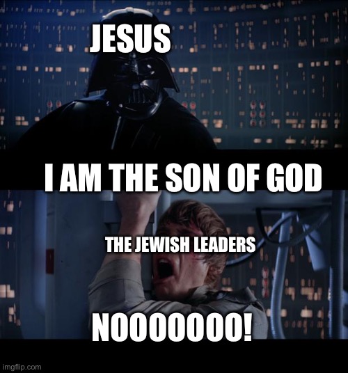 Hmm | JESUS; I AM THE SON OF GOD; THE JEWISH LEADERS; NOOOOOOO! | image tagged in memes,star wars no | made w/ Imgflip meme maker